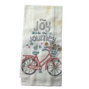Tea Towel, Dish Towel - White with Embroidered Bicycle "Find Joy in the Journey"